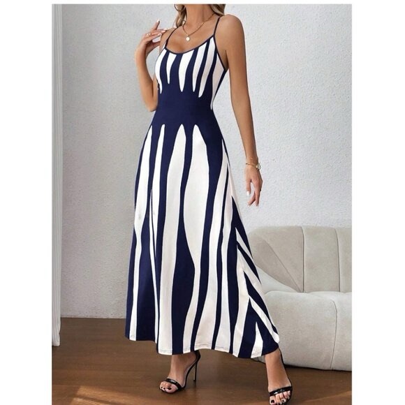 Blue White Rib Knit Graphic Print A line Dress - Picture 2 of 8